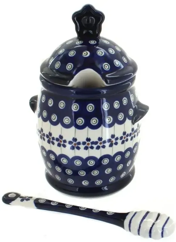 Blue Rose Polish Pottery Honey Pot and Dipper