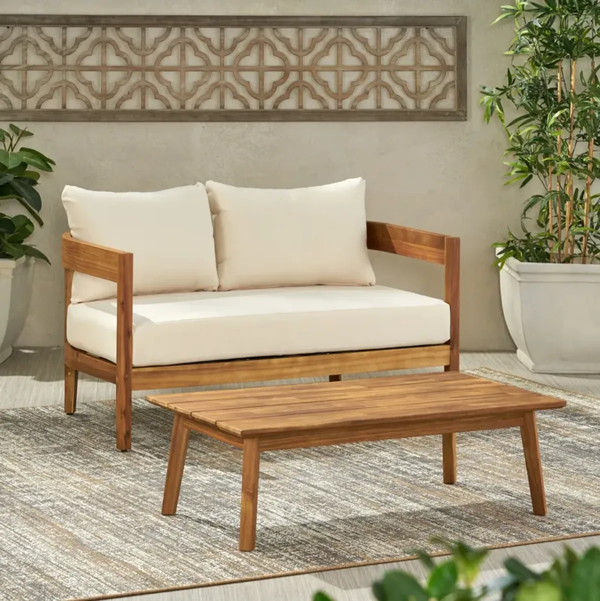 Merax Outdoor Loveseat Sofa with Coffee Table Set