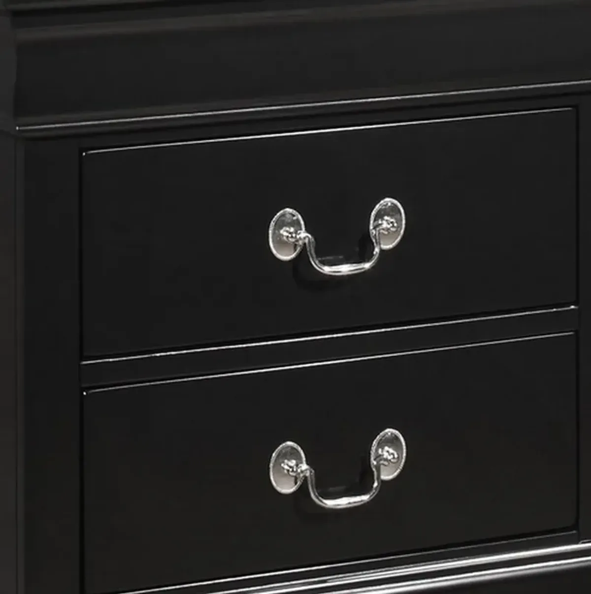 2 Drawer Wooden Frame Nightstand with Antique Metal Pulls, Black-Benzara