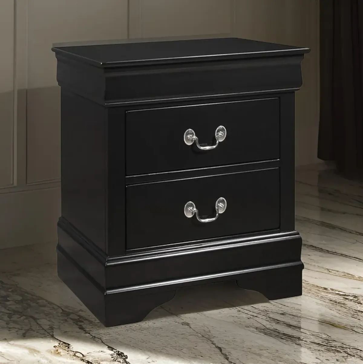 2 Drawer Wooden Frame Nightstand with Antique Metal Pulls, Black-Benzara