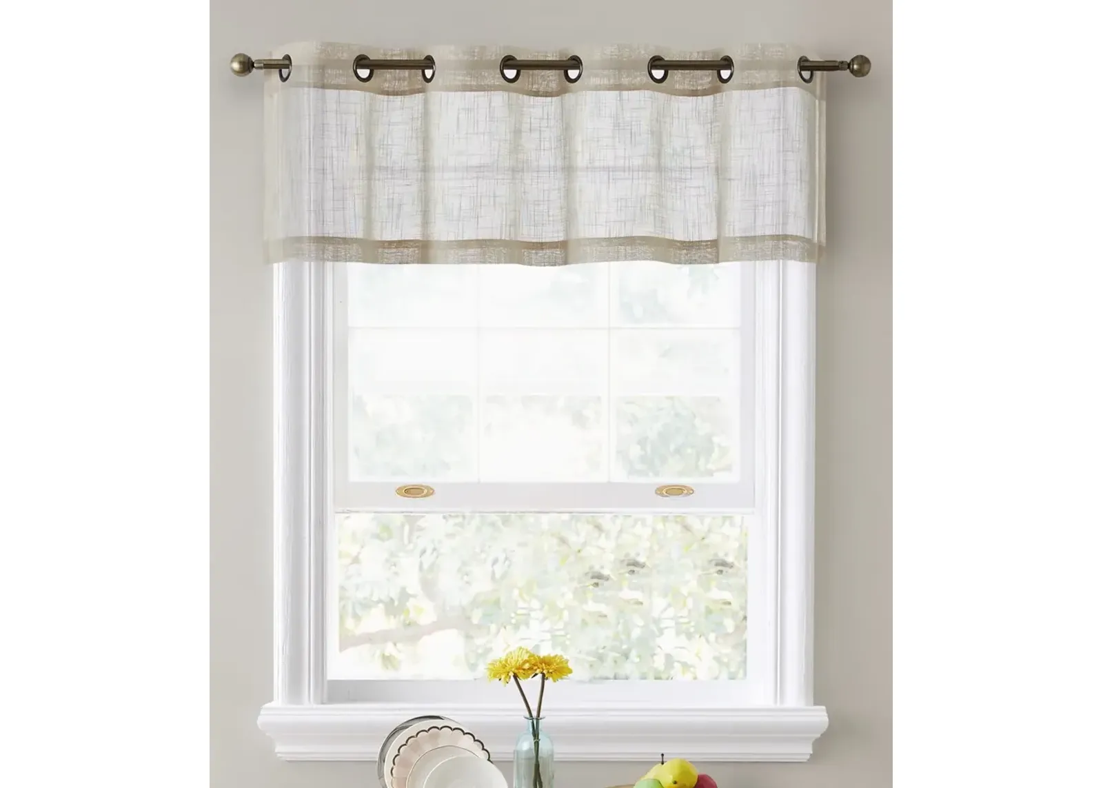 THD Serena Faux Linen Textured Semi Sheer Privacy Light Filtering Transparent Thick Half Short Grommet Curtain Valance Topper for Small Windows, Bedroom & Bathroom - 54 W x 18 L