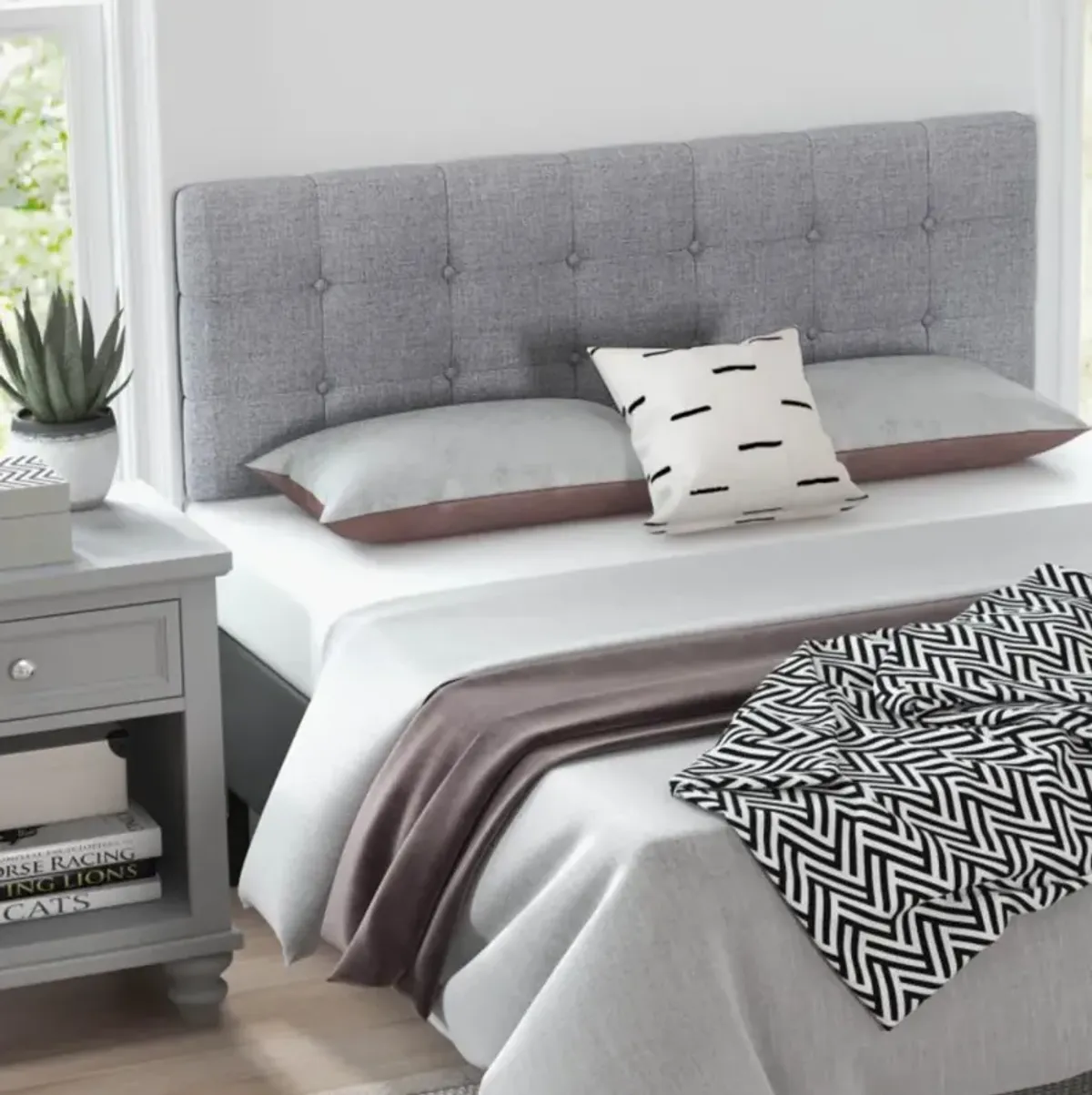 Hivvago Linen Upholstered Headboard with Solid Rubber Wood Legs-Gray