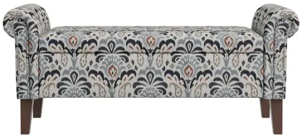 HL Home Furnishings Rolled Arm Storage Ottoman in Gray and Black Damask