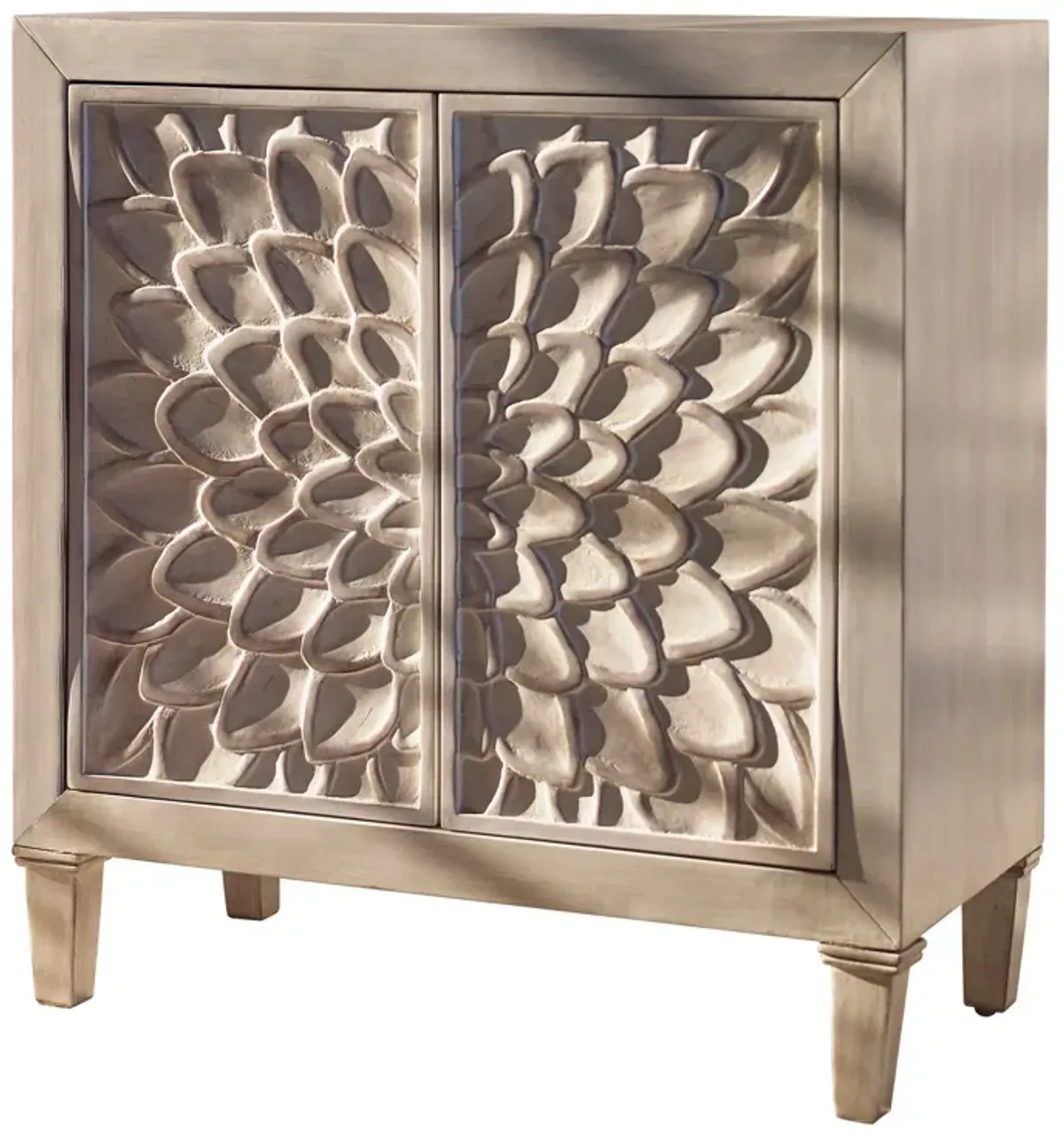 2 Door Wooden Accent Cabinet with Floral Carving, Distressed Whitewash-Benzara