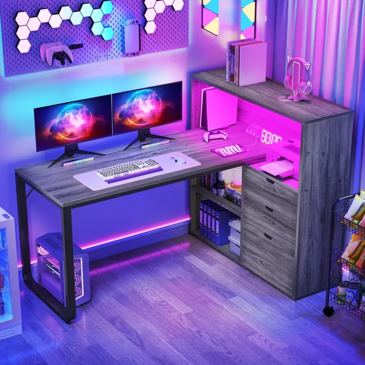 DWVO L Shaped Desk with Drawers & Power Outlets, 55 Computer Desk with Bookshelf, Corner Desk Home Office Desk with Storage Sh