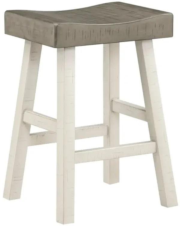 Casy 25 Inch Counter Height Stool, Saddle Seat, White Rubberwood, Set of 2 - Benzara