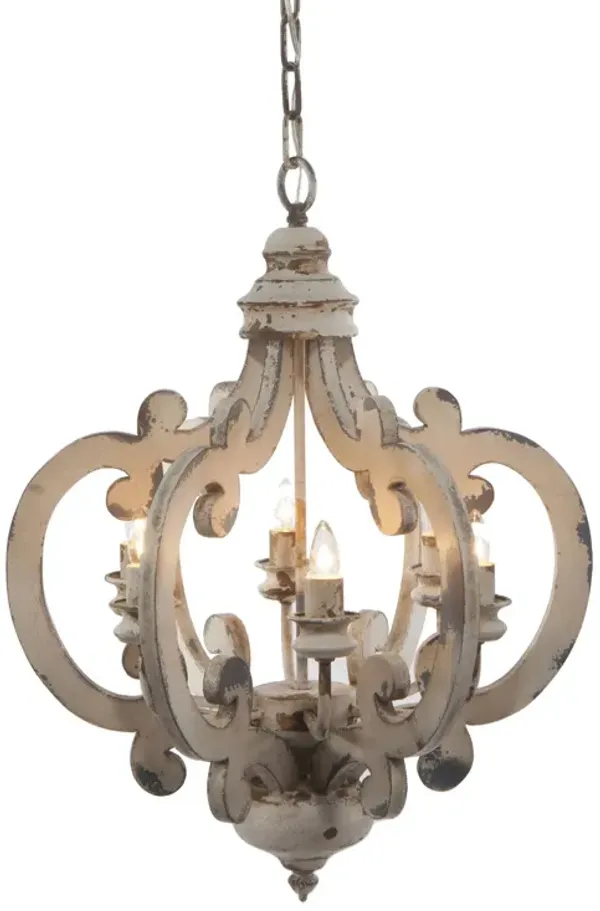 Aki 21 Inch 6 Light Chandelier, Carved Wood Frame, Classic, Vintage, White - Benzara