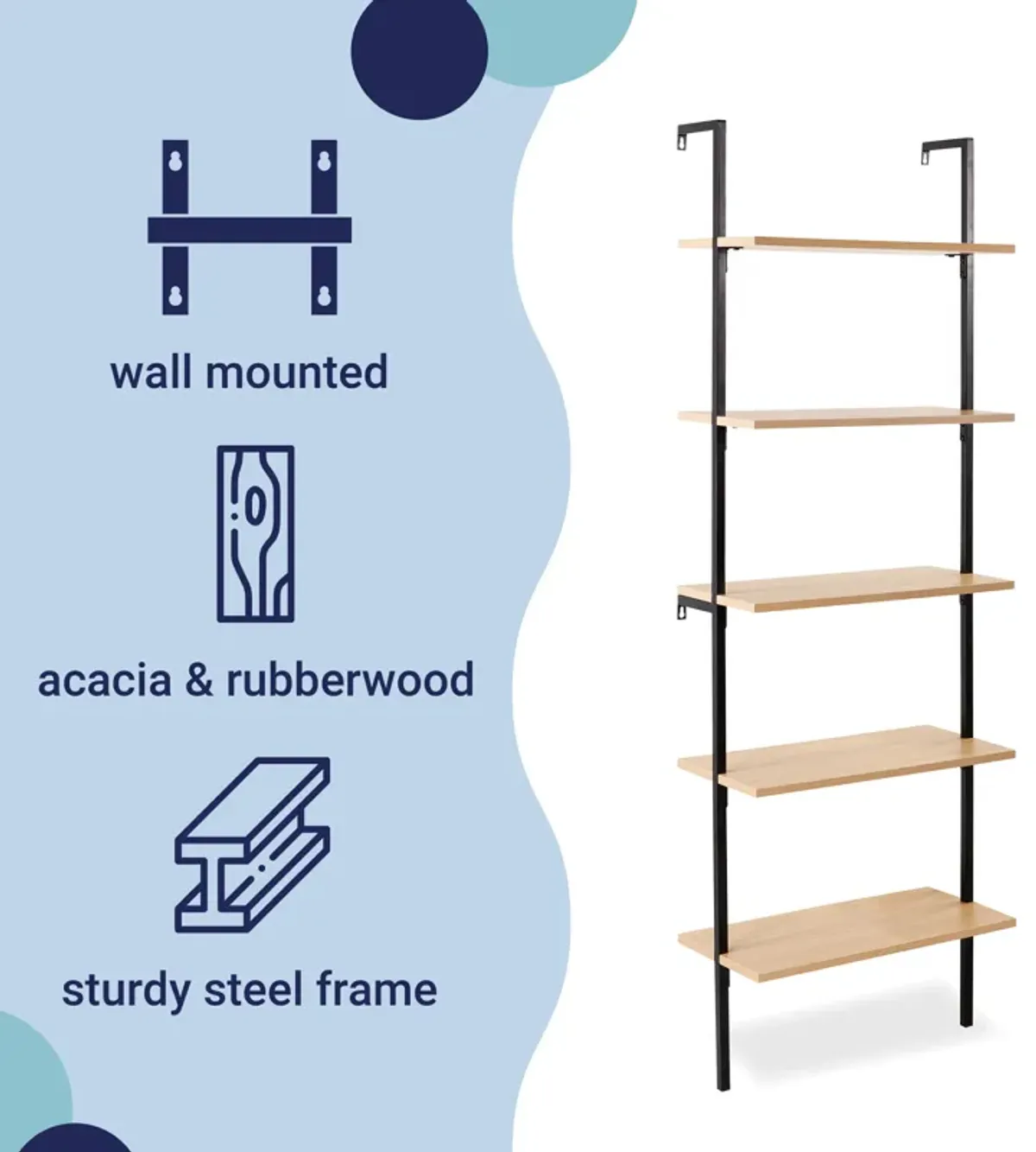 Madera  Industrial 5-Shelf Wood Wall-Mounted Open Ladder Bookcase