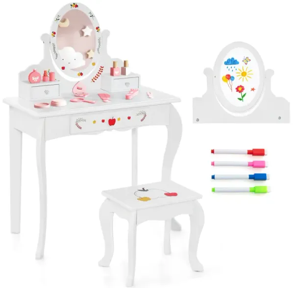 Kids Vanity and Stool Set with 360� Rotatable Mirror and Whiteboard-White