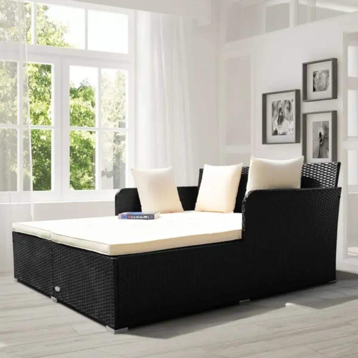 Hivvago Spacious Outdoor Rattan Daybed with Upholstered Cushions and Pillows-Black