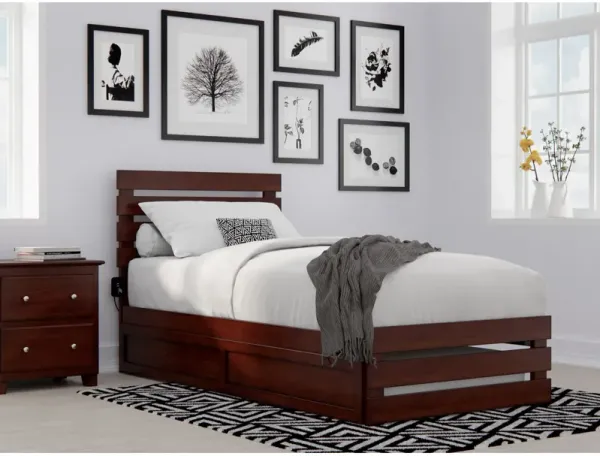 Oxford Twin Extra Long Bed with Footboard and USB Turbo Charger with Twin Extra Long Trundle in Walnut