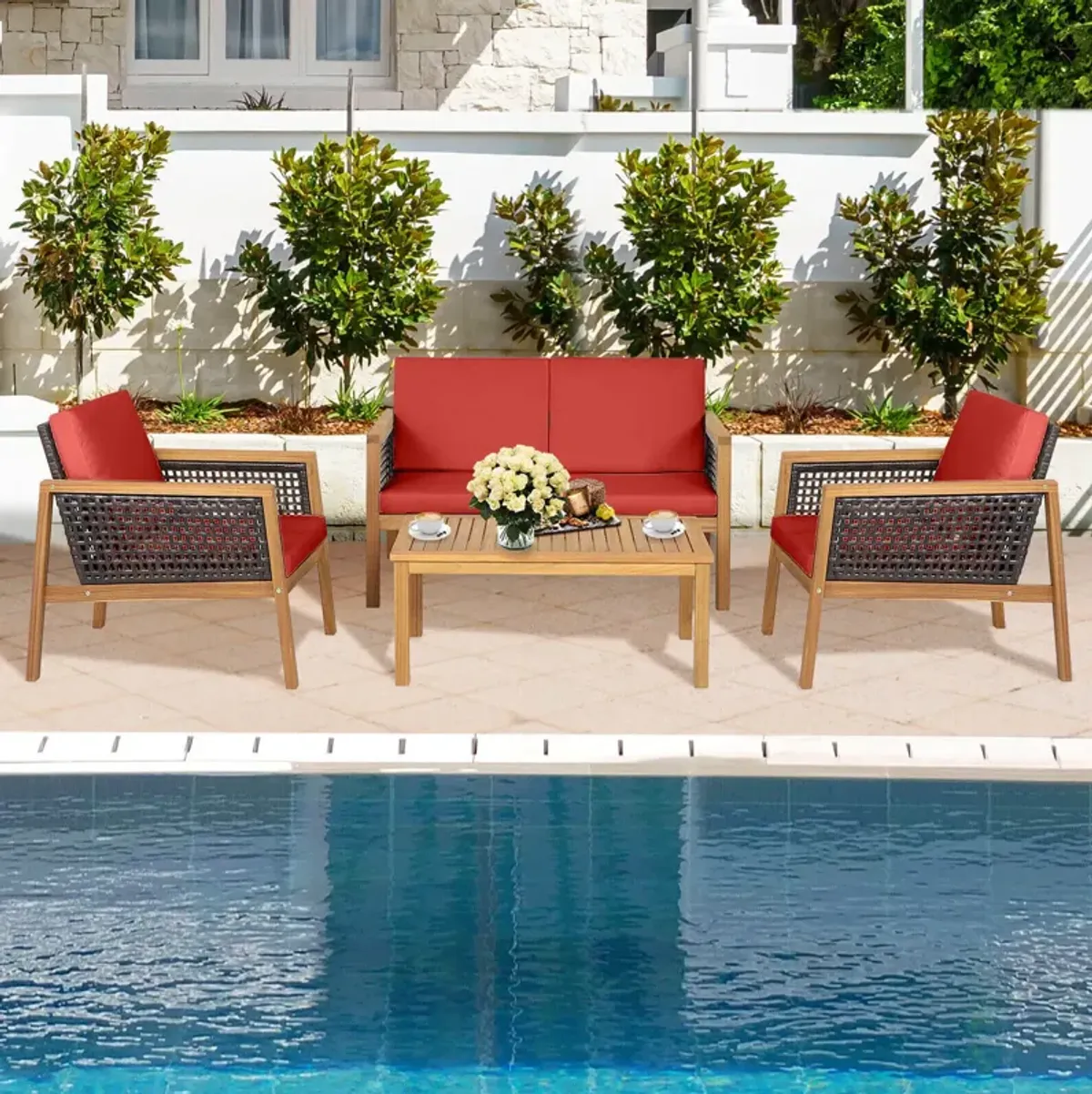 4 Pieces Patio Rattan Furniture Set with Removable Cushions