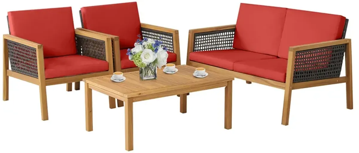 4 Pieces Patio Rattan Furniture Set with Removable Cushions