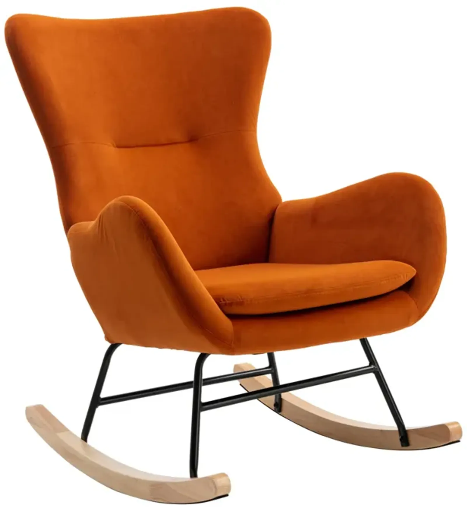 Velvet Fabric Padded Seat Rocking Chair With High Backrest And Armrests