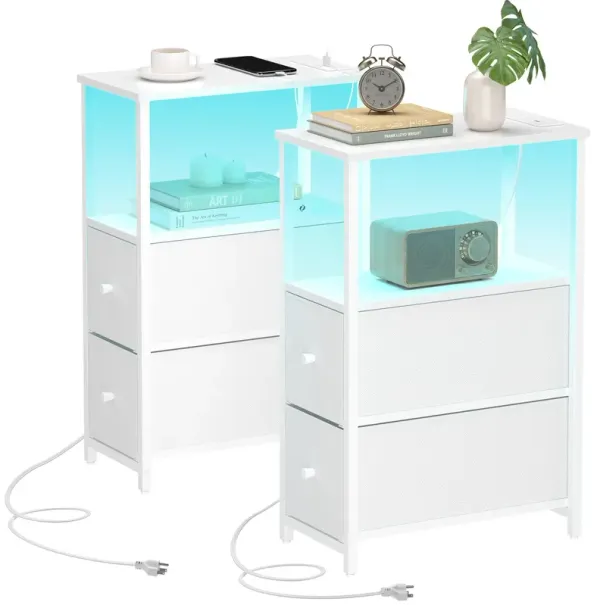 TUTOTAK Small Narrow LED End Table with Charging Station, Side Table Outlets, Nightstand with 2 Cloth Drawers, Set of 2, Couch T