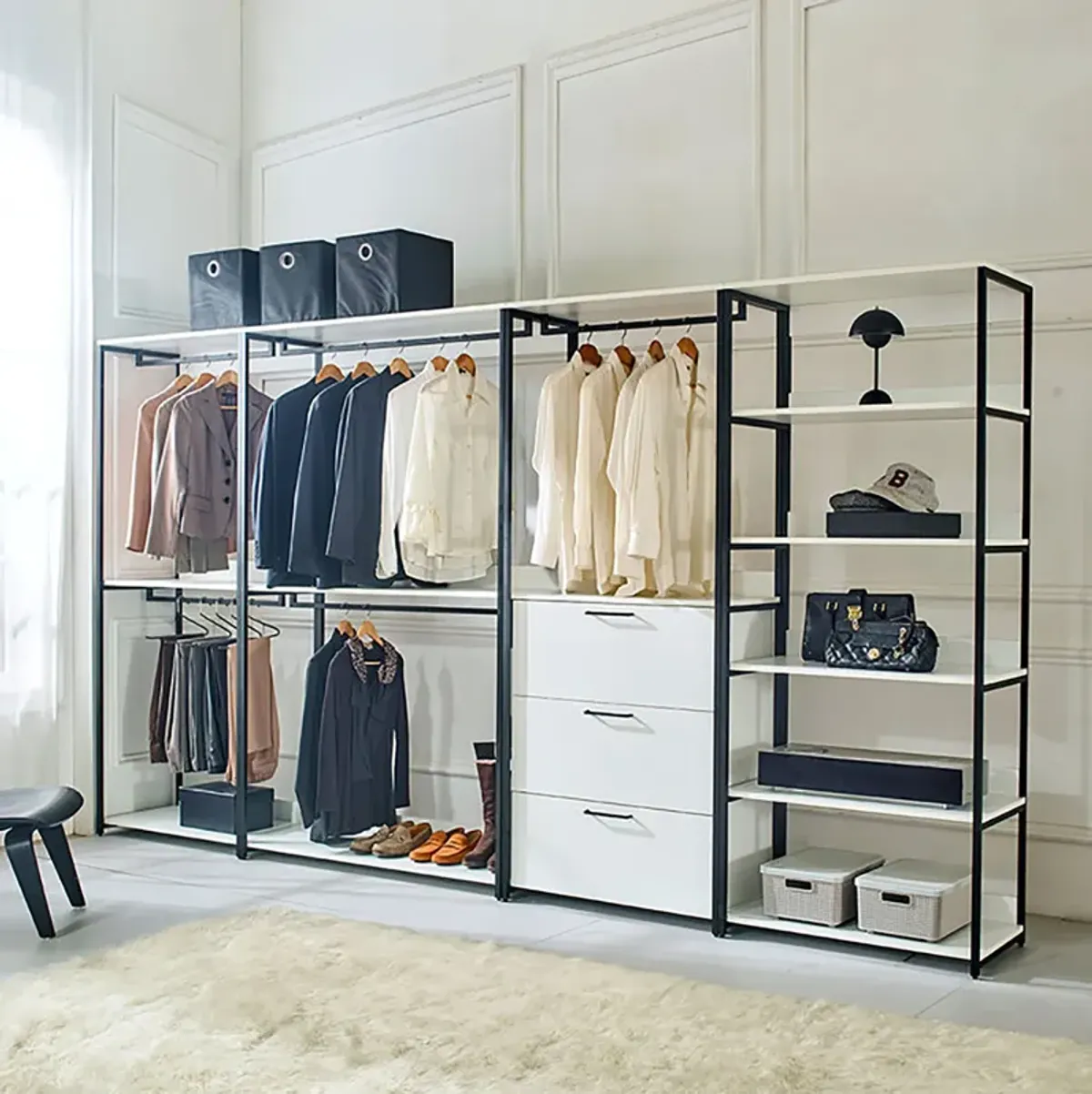 Fiona 143 in. W White Freestanding 4 Tower System 8 -Shelf Walk in Wood Closet System with Metal Frame