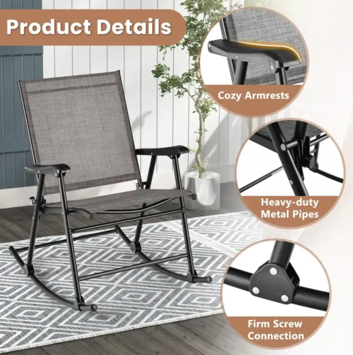 Hivvago Set of 2 Folding Rocking Chair with Breathable Seat Fabric-Set of 2