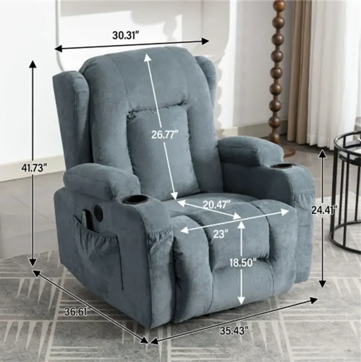 35.43 in. W Fabric Recliner with Remote Control, Tufted and Storage