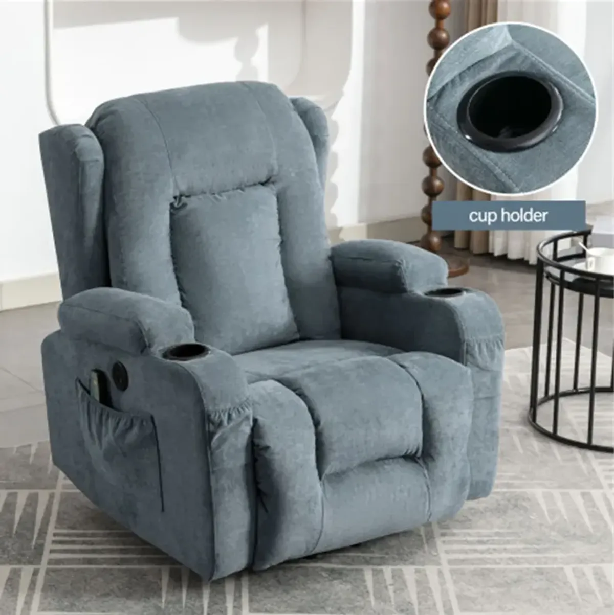 35.43 in. W Fabric Recliner with Remote Control, Tufted and Storage