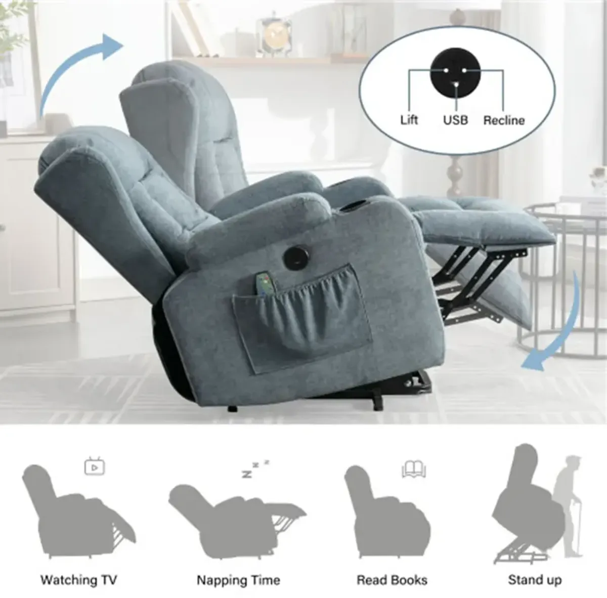 35.43 in. W Fabric Recliner with Remote Control, Tufted and Storage