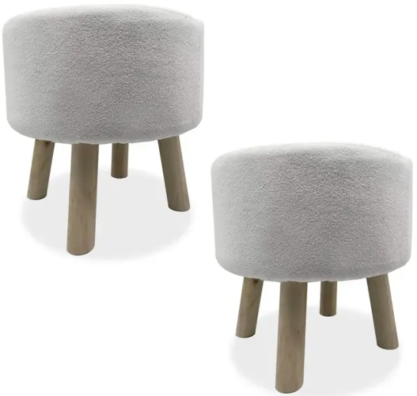 Ginni Footstool Ottoman Set of 2, White Polyester, Soft Seat, Wood Legs - Benzara