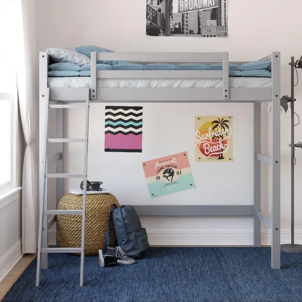 Atwater Living Rollins Kids Wooden Loft Bed with Ladder, Twin Size, Gray