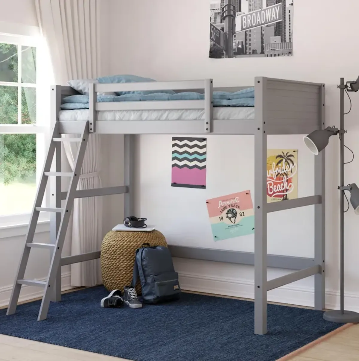 Atwater Living Rollins Kids Wooden Loft Bed with Ladder, Twin Size, Gray