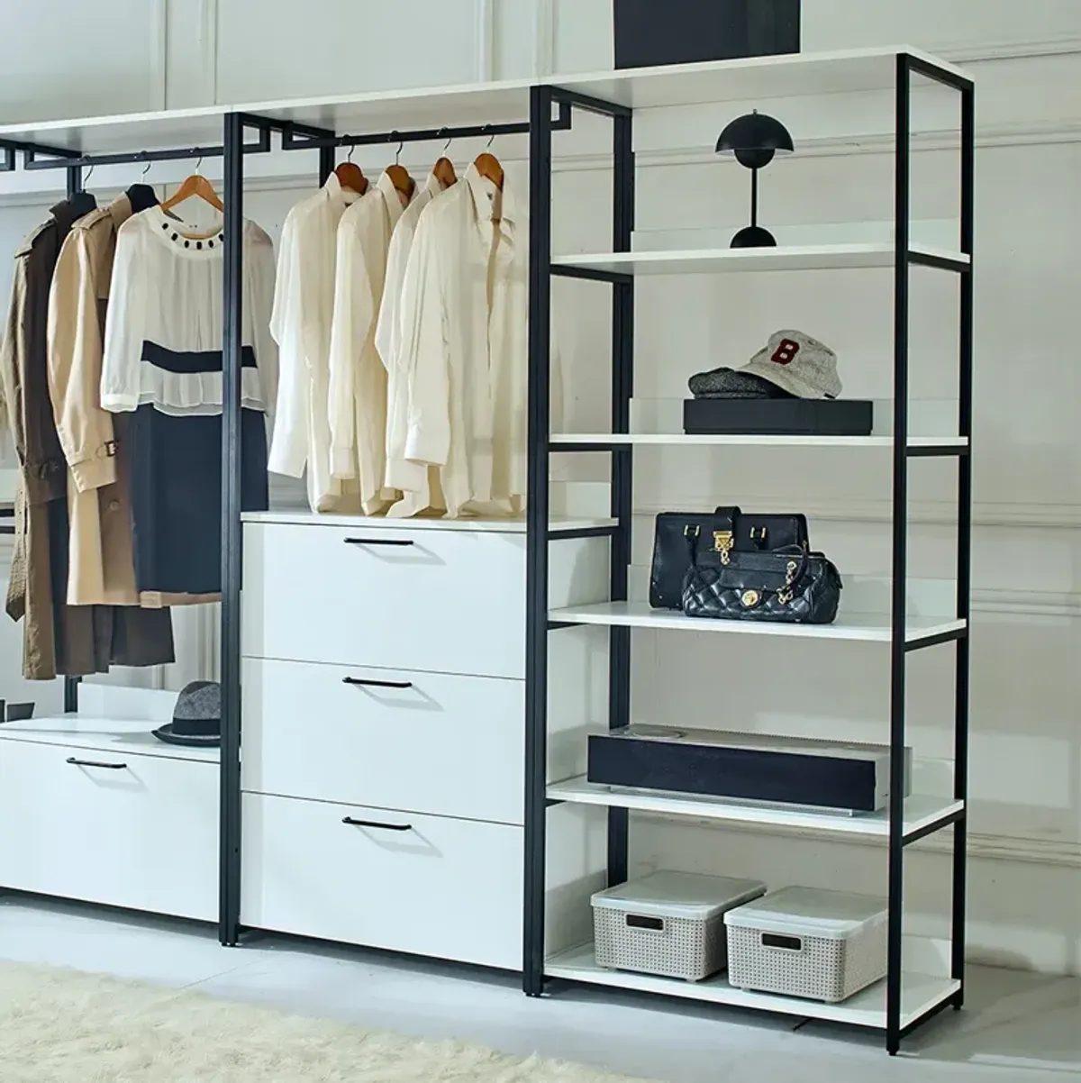 FC Design Klair Living White Freestanding Walk in Wood Closet System with Metal Frame