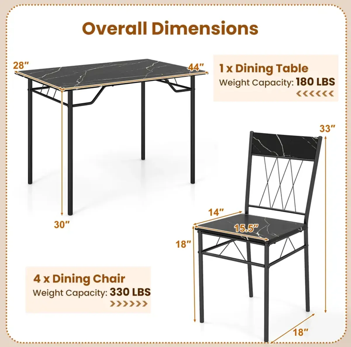 5-Piece Dining Table Set for 4 with Kitchen Table and 4 Dining Chairs