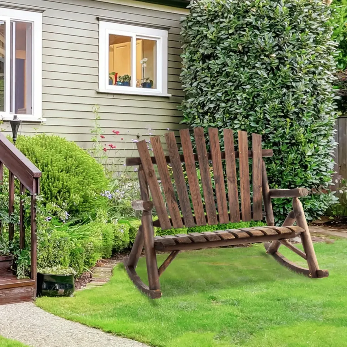 Black Rustic Rocker: Wooden Adirondack Chair for Outdoor Use