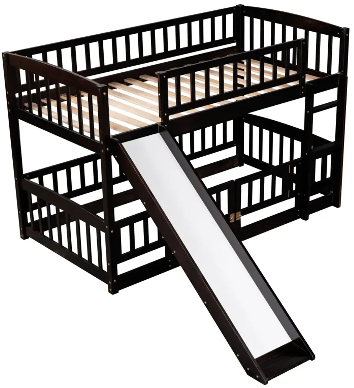 Whisen Versatile Design Twin Over Twin Low Bunk Bed with Built-in Ladder and Slide- White
