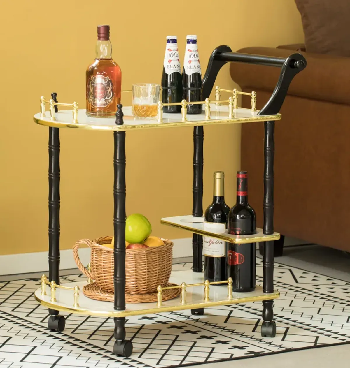 Serving Bar Cart Tea Trolley, 2 Tier Shelves on Rolling Wheels, Mobile Liquor Bar for Wine Beverage Drink Dinner Party, Utility Kitchen Storage Island Coffee Cabinet for Dining Living Room, Wood, Gray