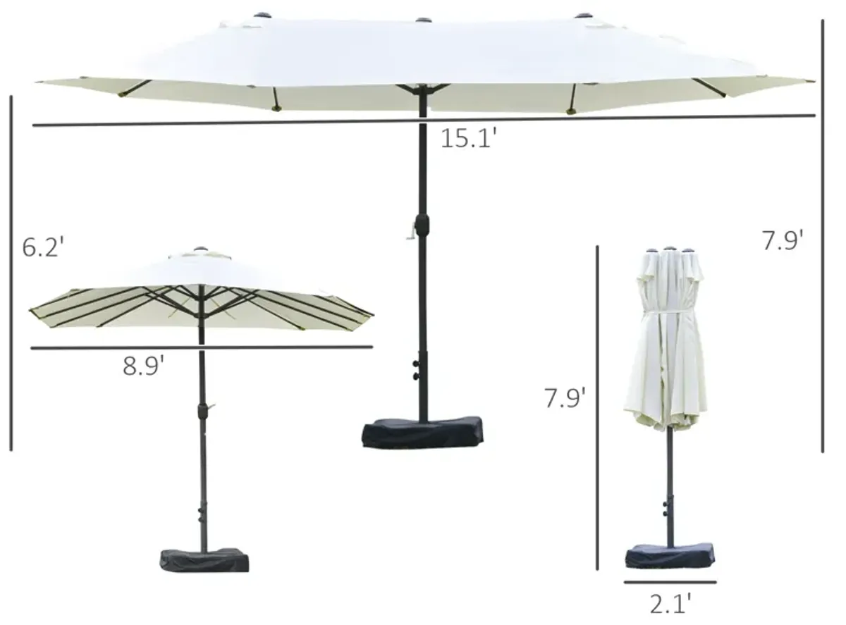 Outsunny Patio Umbrella 15' Steel Rectangular Outdoor Double Sided Market with base, Sun Protection & Easy Crank for Deck Pool Patio, Beige