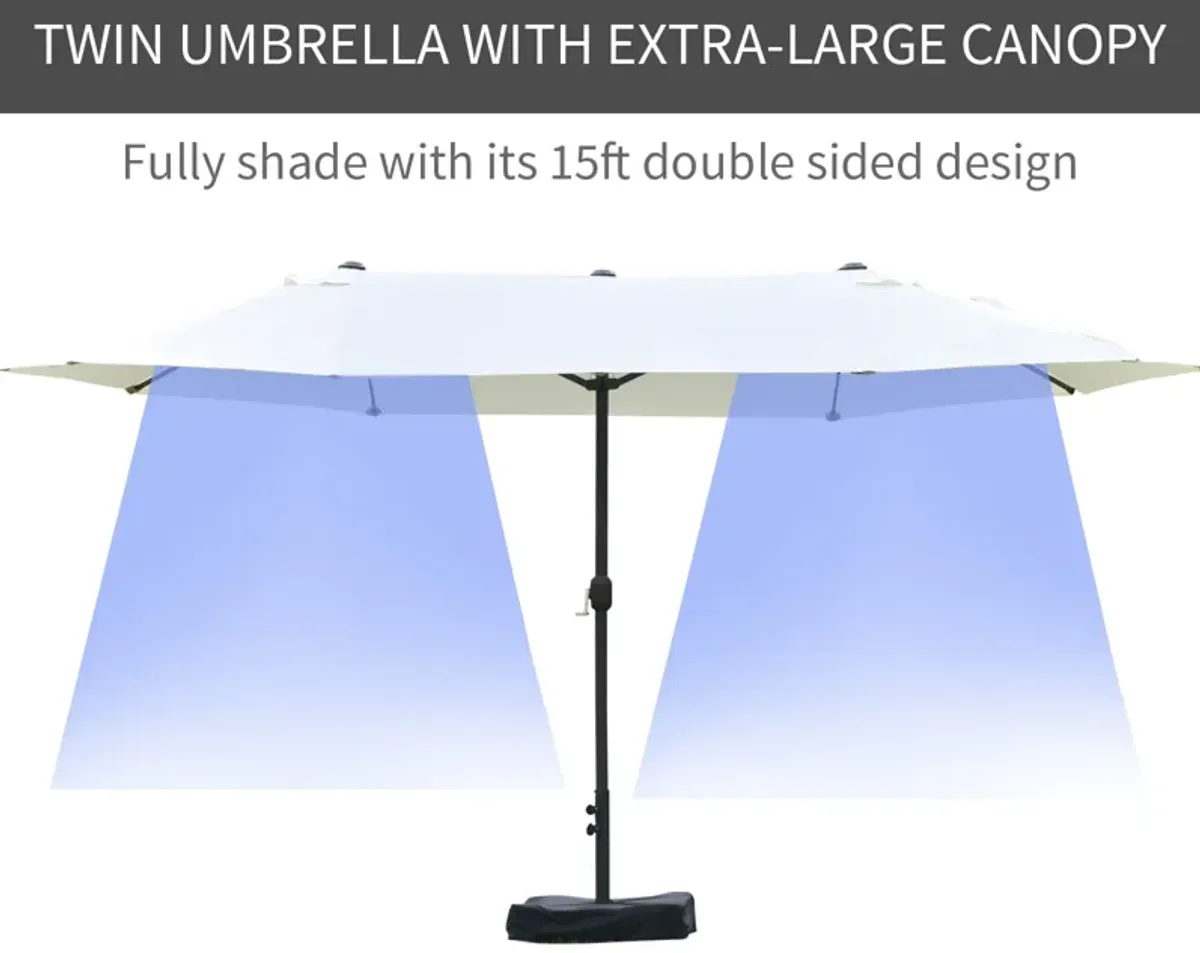 Outsunny Patio Umbrella 15' Steel Rectangular Outdoor Double Sided Market with base, Sun Protection & Easy Crank for Deck Pool Patio, Beige