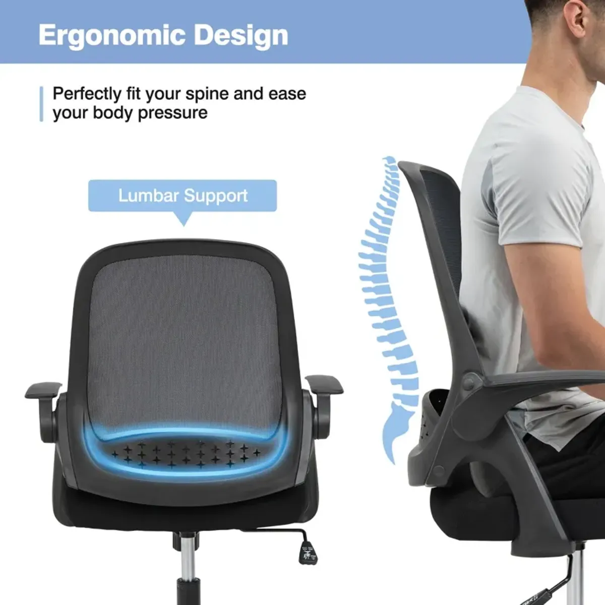 Adjustable Mesh Office Chair Rolling Computer Desk Chair with Flip-up Armrest