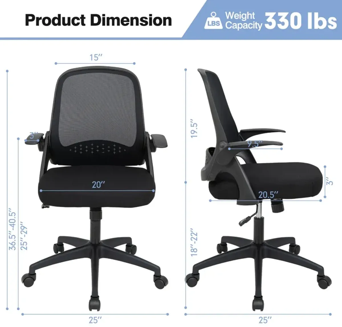 Adjustable Mesh Office Chair Rolling Computer Desk Chair with Flip-up Armrest