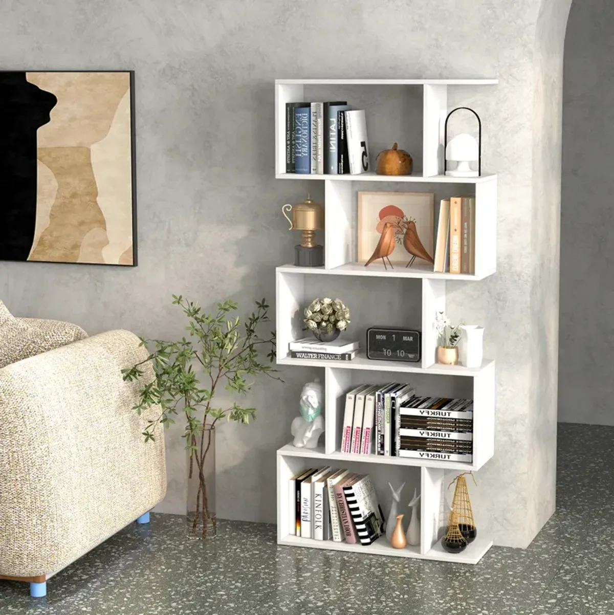 5-Tier Bookshelf with Anti-Toppling Device for Living Room Home Office