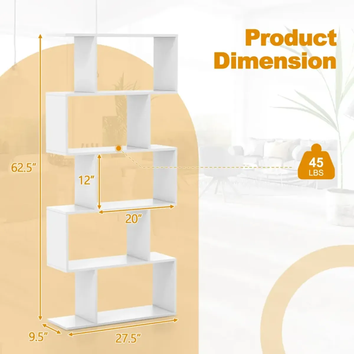 5-Tier Bookshelf with Anti-Toppling Device for Living Room Home Office