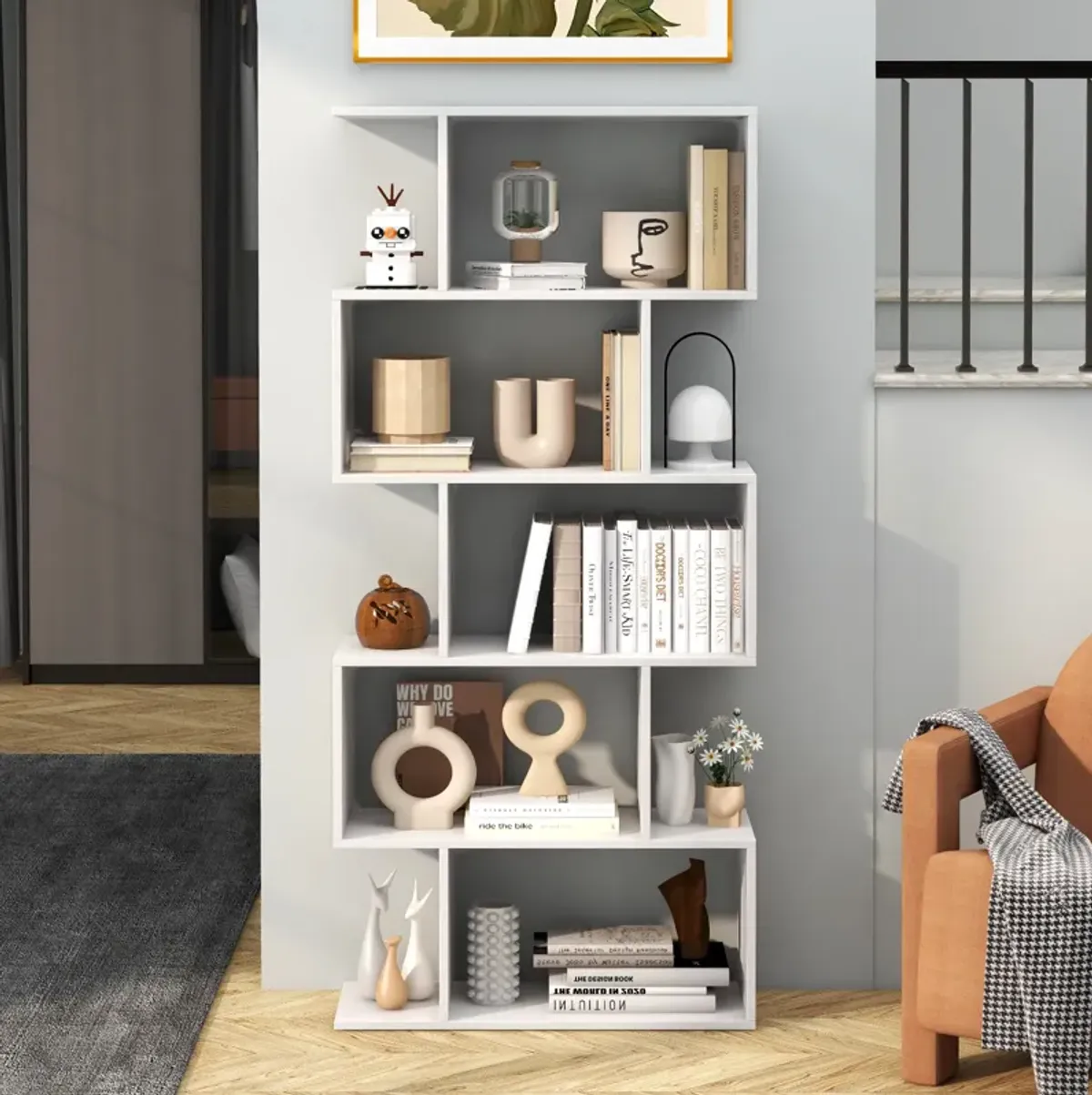 5-Tier Bookshelf with Anti-Toppling Device for Living Room Home Office