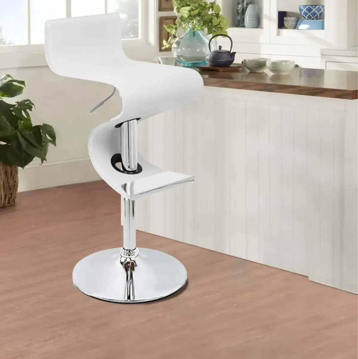 Cruze 22-30 Inch Adjustable Swivel Counter Height Stool, Wave Curves, White - Benzara