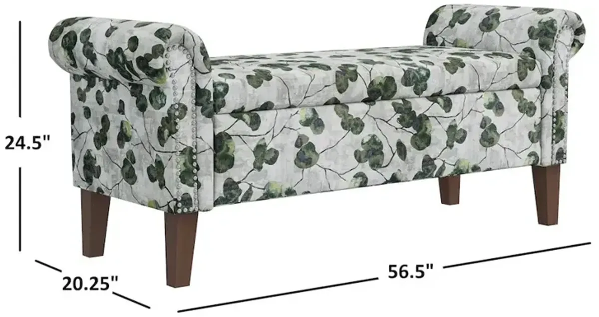 HL Home Furnishings Rolled Arm Storage Ottoman in Green Floral Bonsai