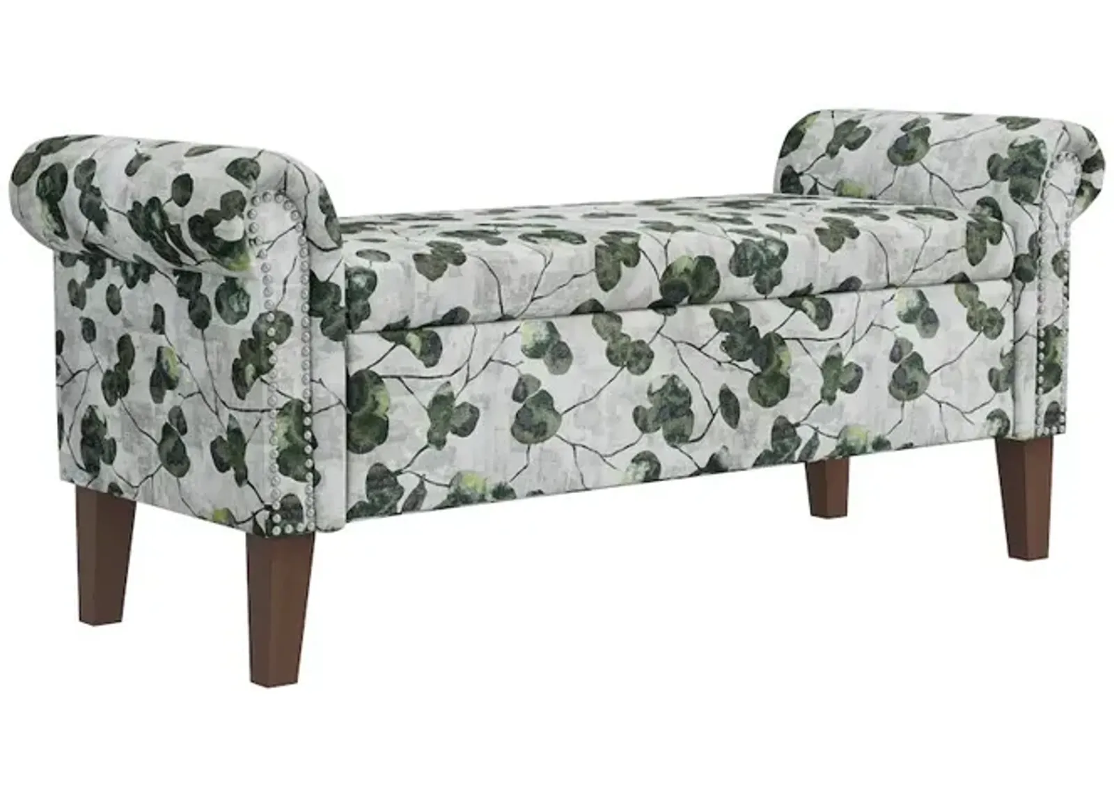 HL Home Furnishings Rolled Arm Storage Ottoman in Green Floral Bonsai