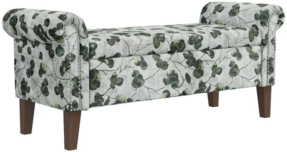 HL Home Furnishings Rolled Arm Storage Ottoman in Green Floral Bonsai