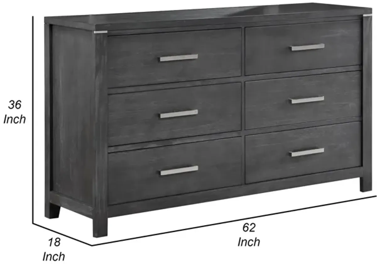 Benjara Tal 62 Inch Dresser, 6 Drawers Handles, Charcoal Finish, Gray, Chrome