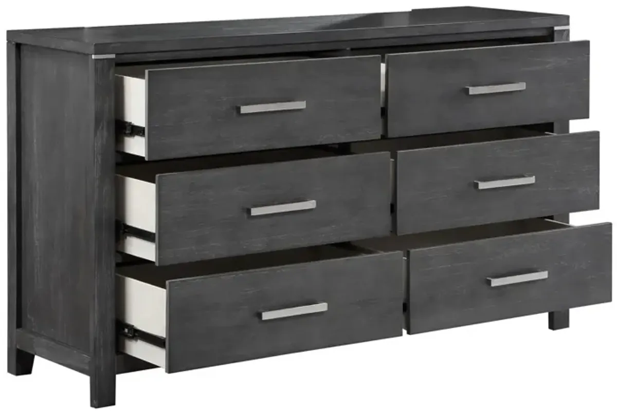 Benjara Tal 62 Inch Dresser, 6 Drawers Handles, Charcoal Finish, Gray, Chrome