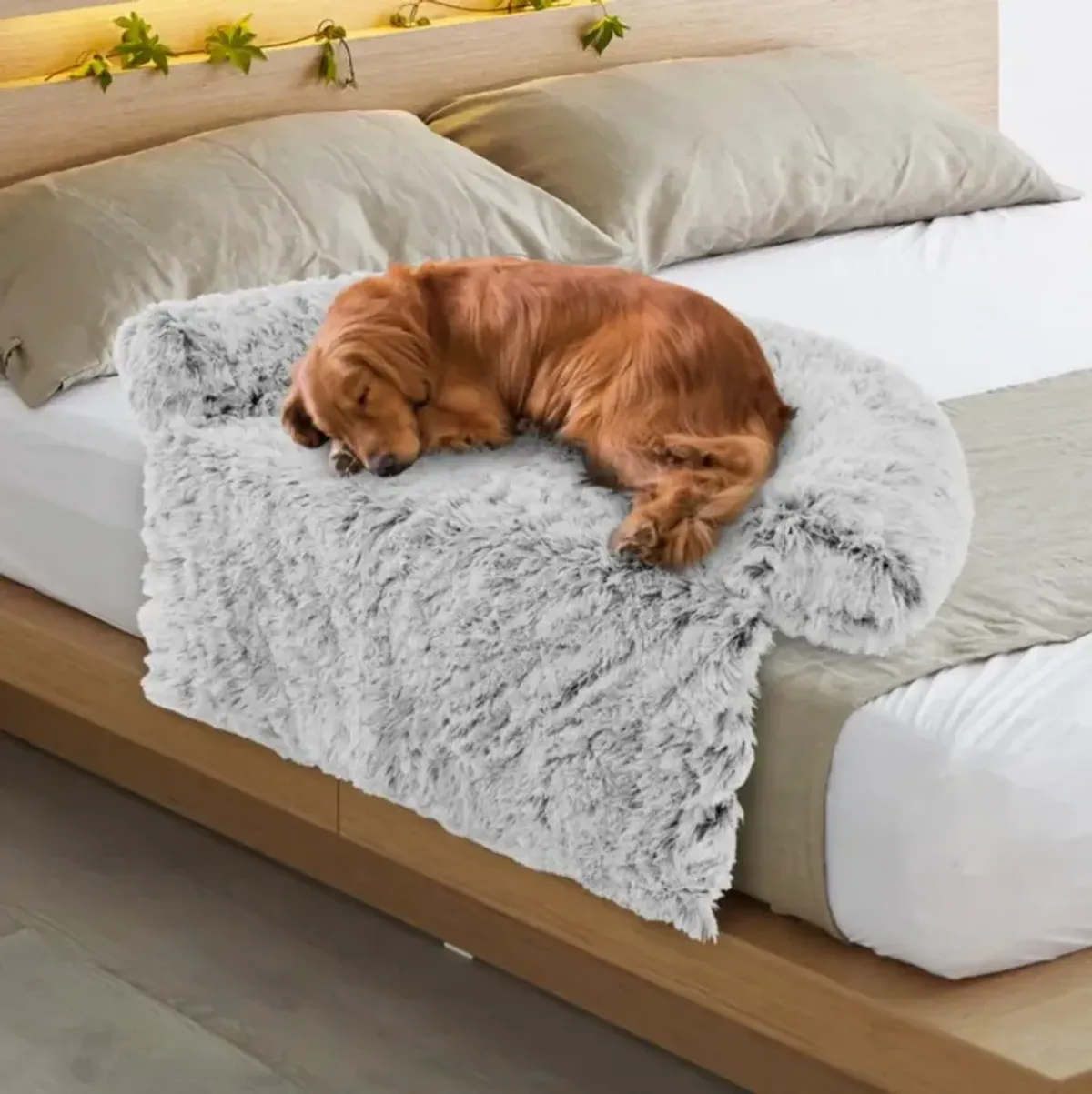 Hivvago White Plush Calming Dog Couch Bed with Anti-Slip Bottom