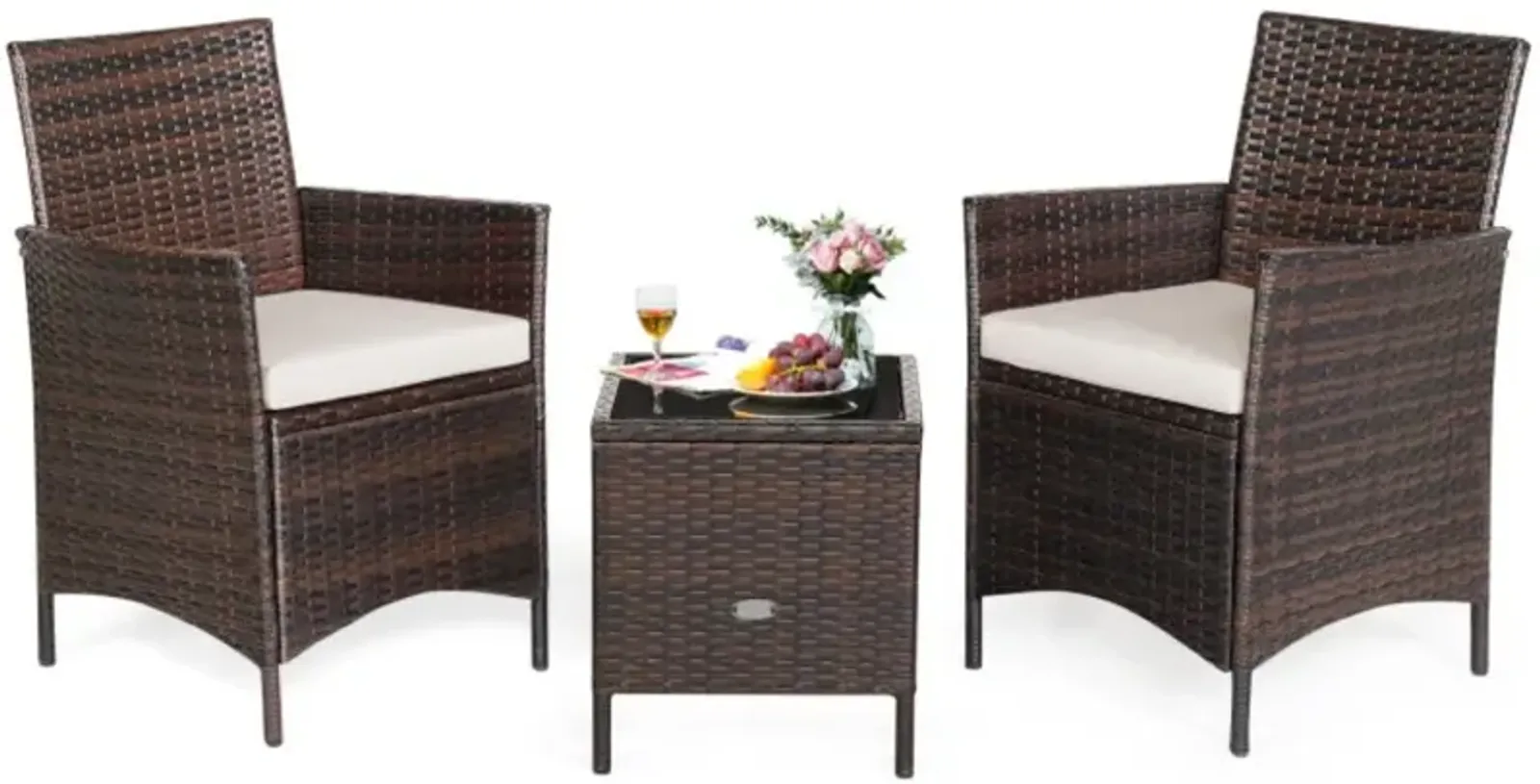 Hivvago 3 Pieces Patio Cushioned Rattan Converstaion Set With Glass Table Top