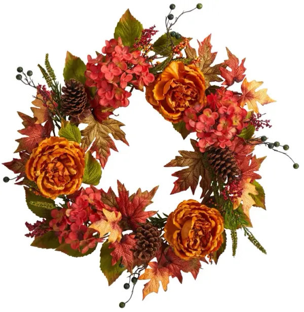 Nearly Natural 25-in Fall Ranunculus, Hydrangea and Berries Autumn Artificial Wreath