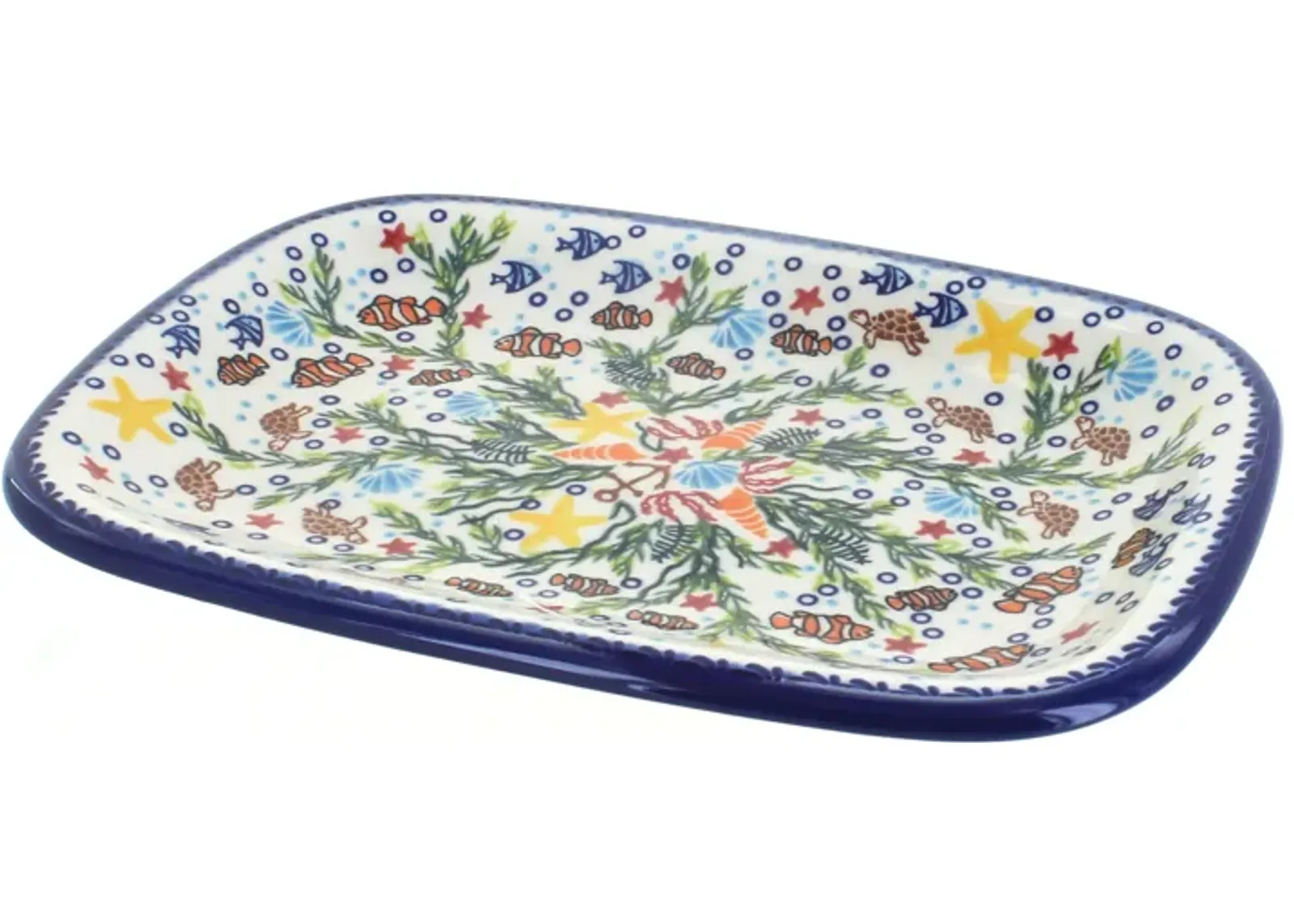 Blue Rose Polish Pottery Winter Cardinal Medium Rectangular Serving Platter