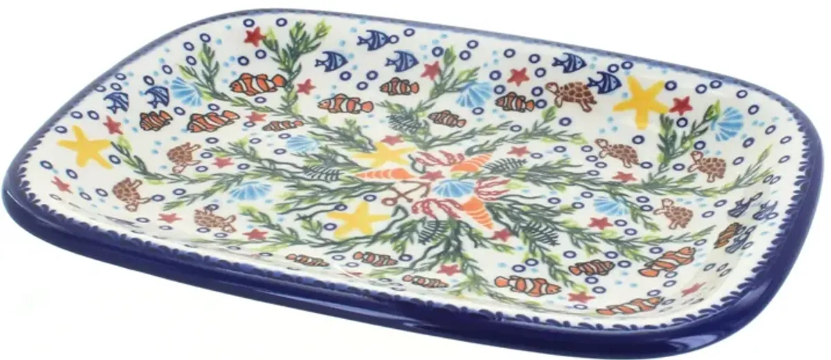 Blue Rose Polish Pottery Winter Cardinal Medium Rectangular Serving Platter